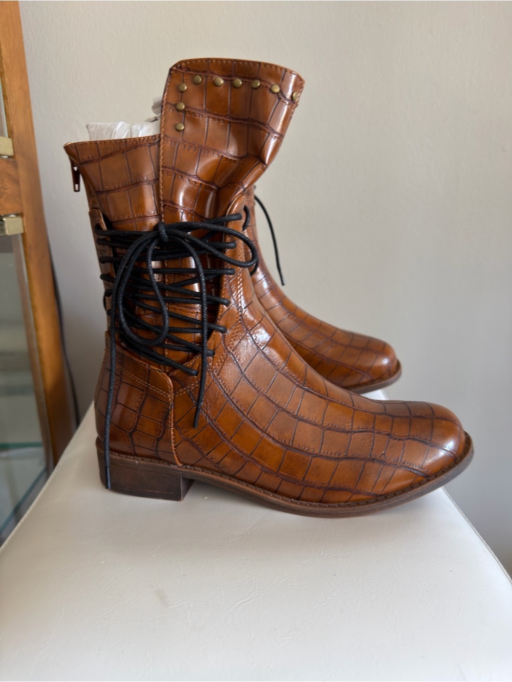 Brown Croc-Embossed Lace-Up Leather Ankle Boots